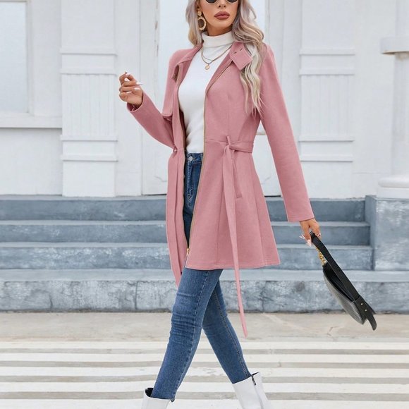 . Jackets & Blazers - Pink Preppy Womens  Zip Up Belted Coat